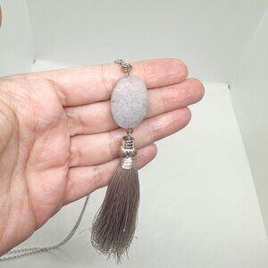 SOLD Silver Metal Crystal Stone Tassel Necklace Flapper 1920's Boho Witchy
